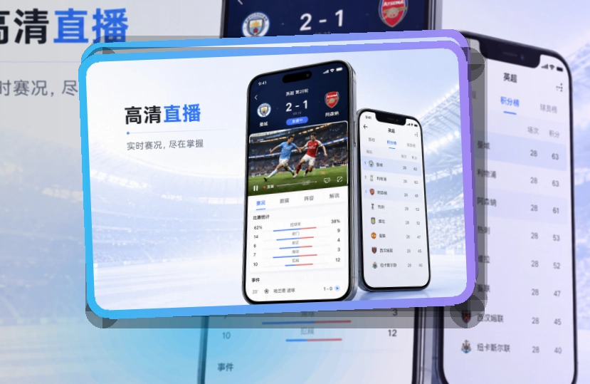 下载指引 · 手机端看球入口 · 赛况信息集中呈现界面展示